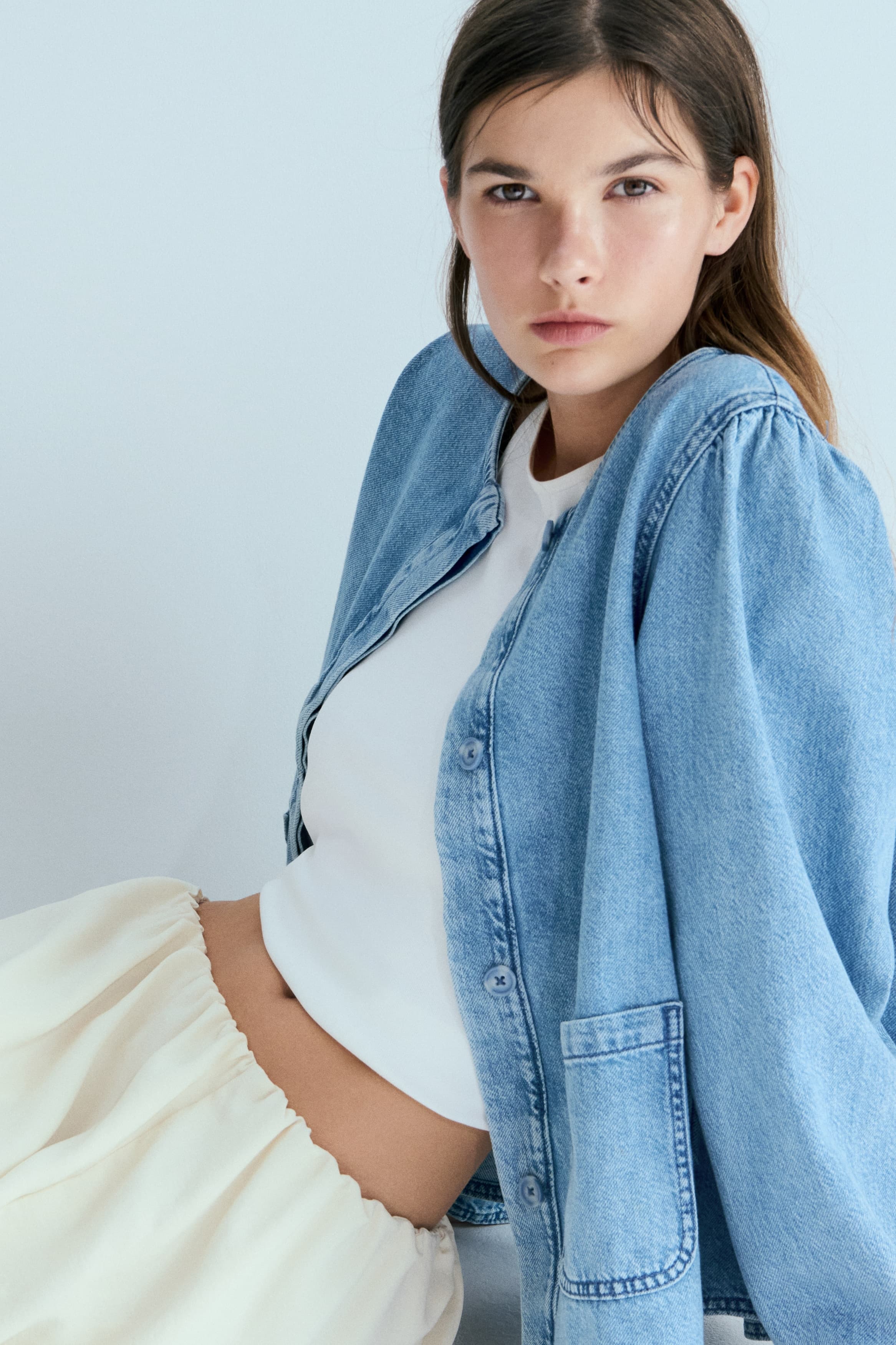 Denim jack met pofmouwen