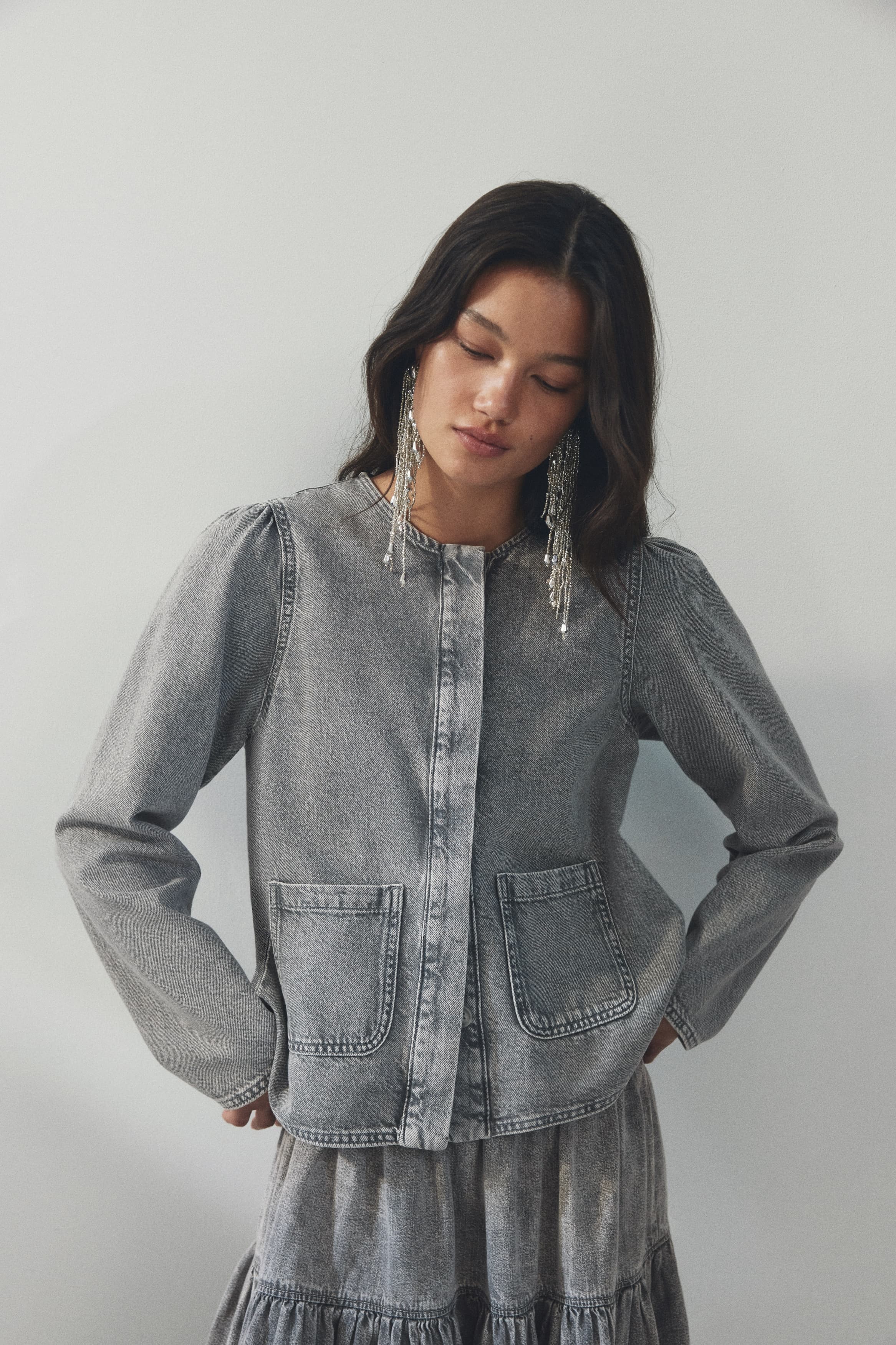 Denim jack met pofmouwen